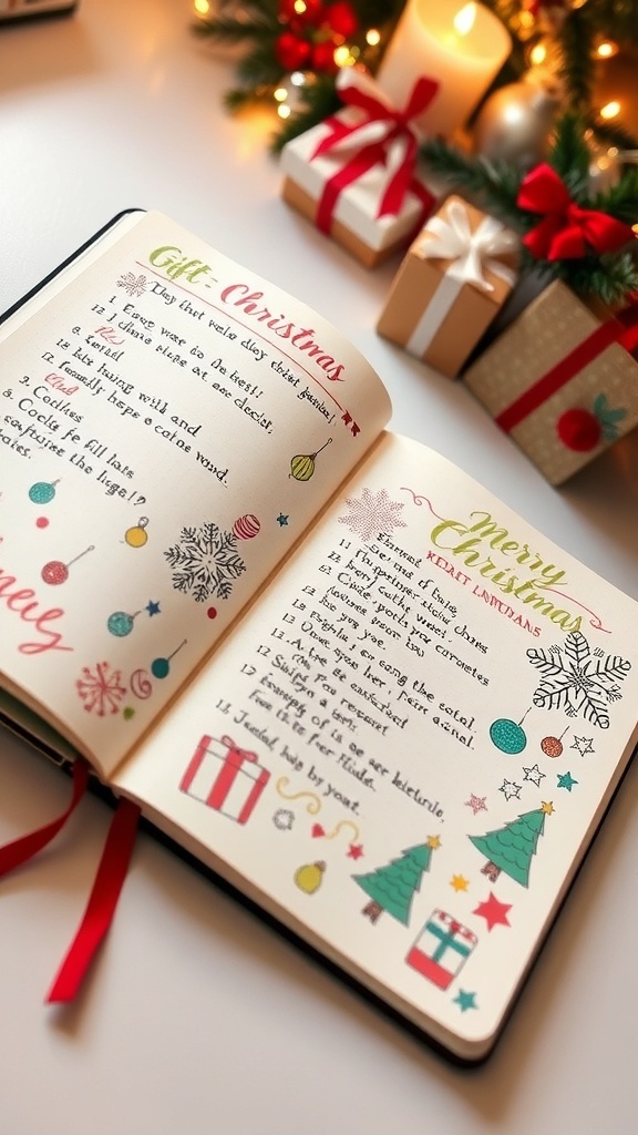 Christmas List Bullet Journal Ideas A bullet journal with a Christmas gift list and festive decorations on a table.